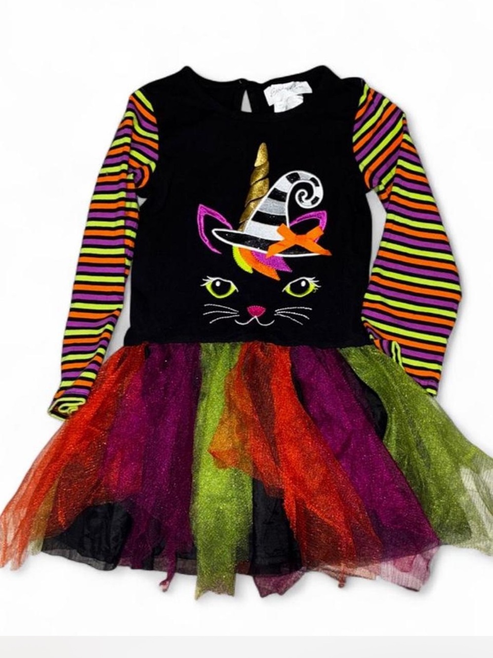 Emily Rose Black Halloween Cat Witch Dress with Rainbow Striped Sleeves